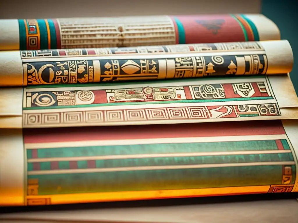 Un antiguo códice maya con intrincadas ilustraciones y jeroglíficos, iluminado por una cálida luz