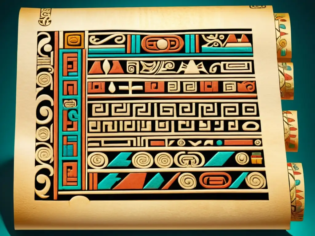 Antiguo códice maya en papel, lleno de jeroglíficos e ilustraciones vibrantes, mostrando la importancia del papel en escrituras antiguas