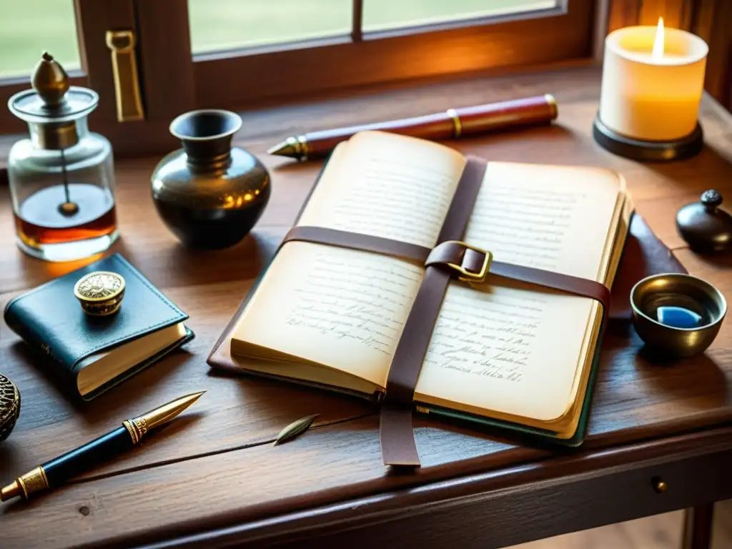 Un antiguo escritorio de madera con un diario de cuero desgastado rodeado de herramientas de escritura antiguas, como pluma, tintero y anteojos vintage