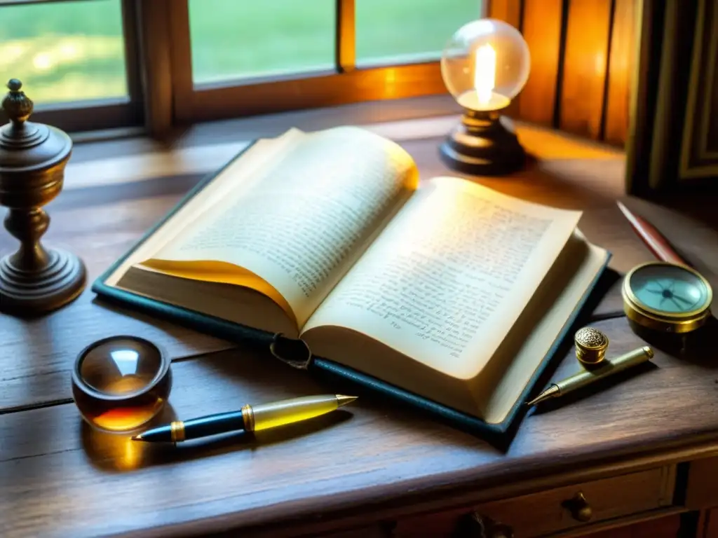 Un antiguo libro en un escritorio de madera, rodeado de útiles de escritura antiguos, iluminado por luz natural