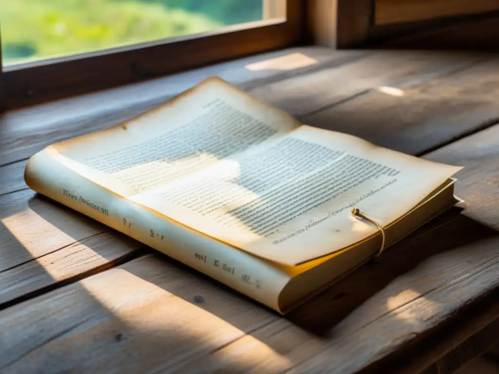 Un antiguo manuscrito en un rústico escritorio de madera, iluminado por luz natural