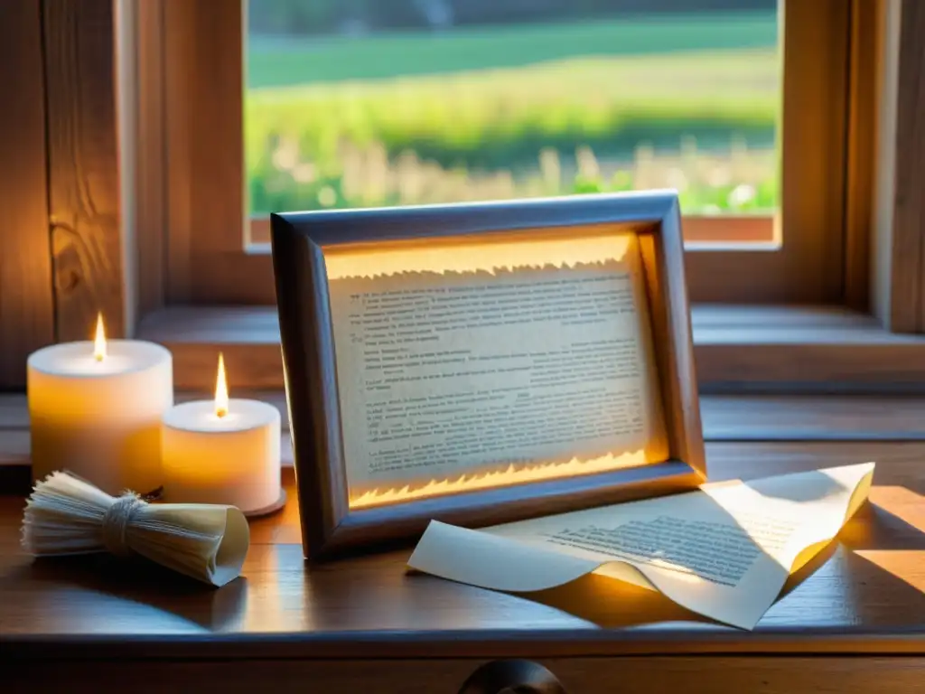 Antiguo molde y marco para fabricar papel sobre mesa de madera, con hojas recién hechas