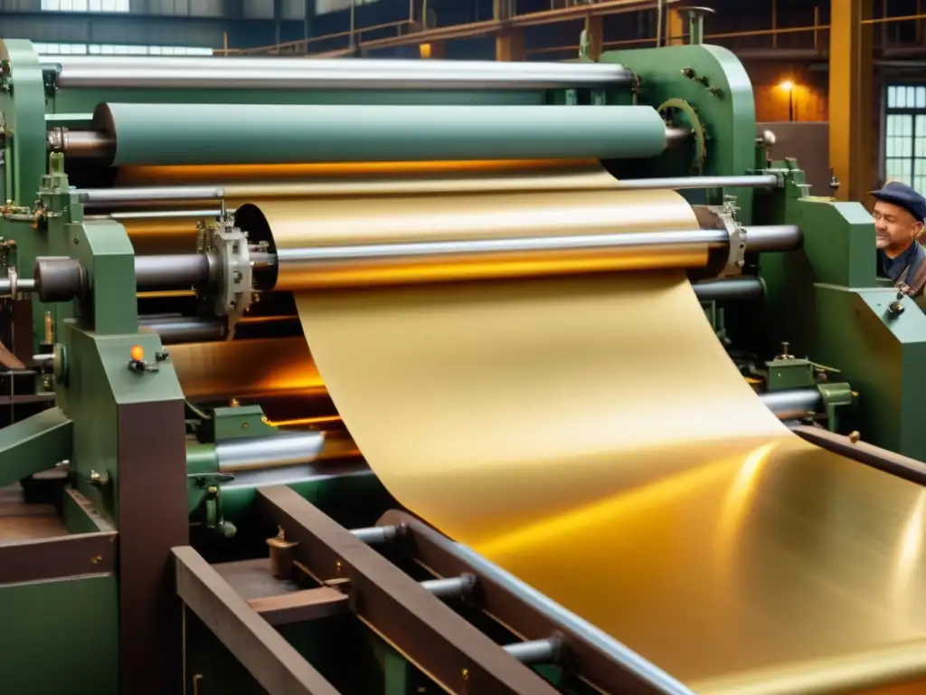 Producción artesanal de papel metalizado: nostálgico y detallado Un antiguo molino de papel en acción, con maquinaria vintage y artesanos elaborando papeles metalizados en arte