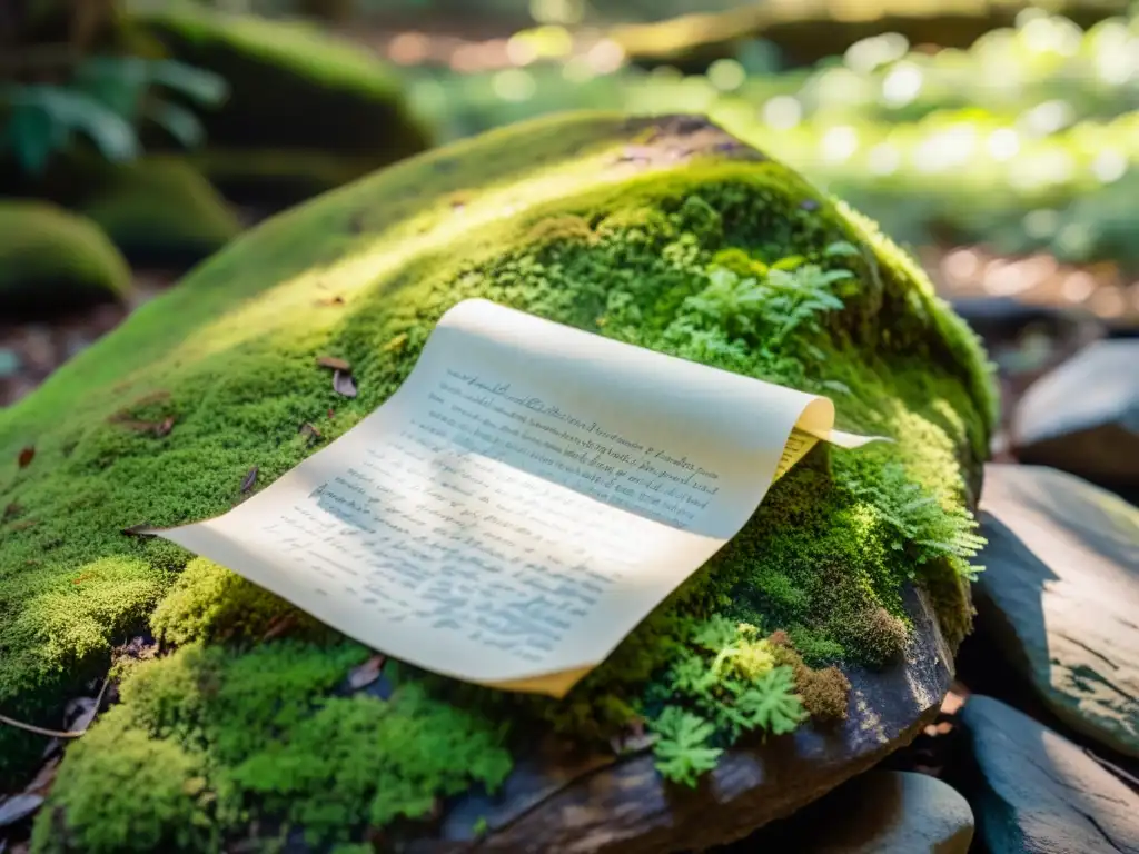 Un antiguo papel descansa sobre una roca cubierta de musgo en un bosque sereno, con anotaciones científicas