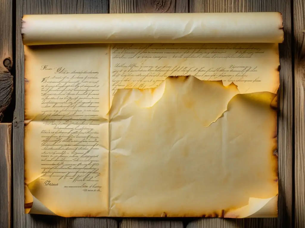 Un antiguo pergamino con arrugas, texto desvanecido y bordes amarillentos reposa sobre una superficie de madera