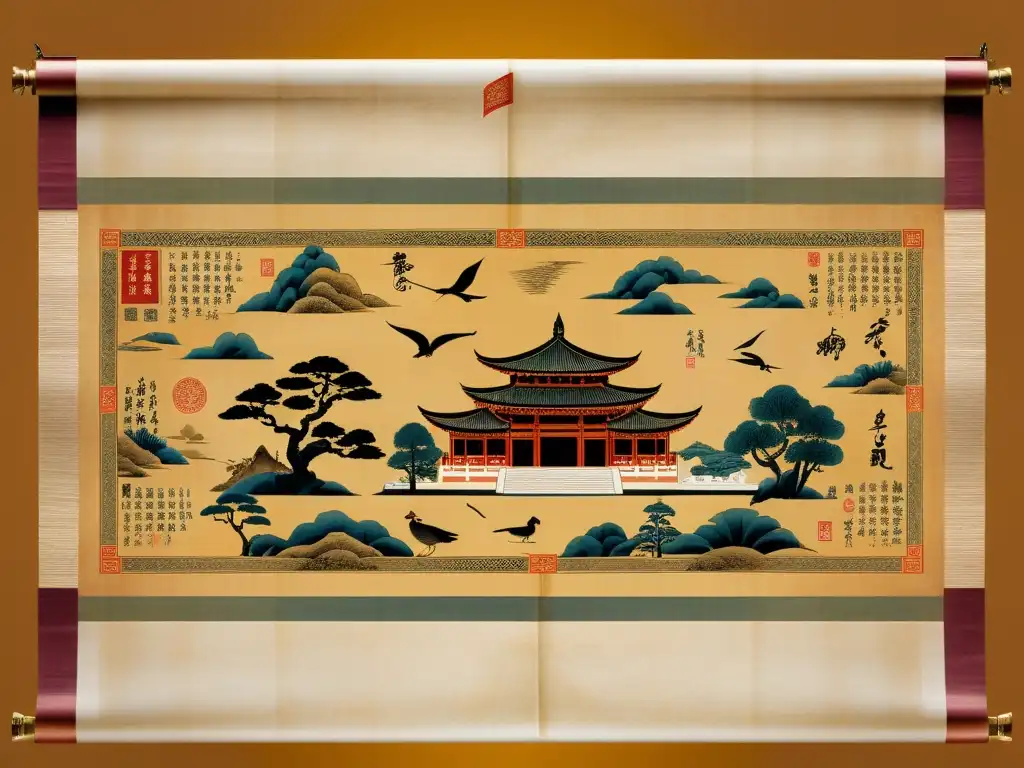 Antiguo pergamino asiático con caligrafía y criaturas míticas, evocando papel en la política mundial