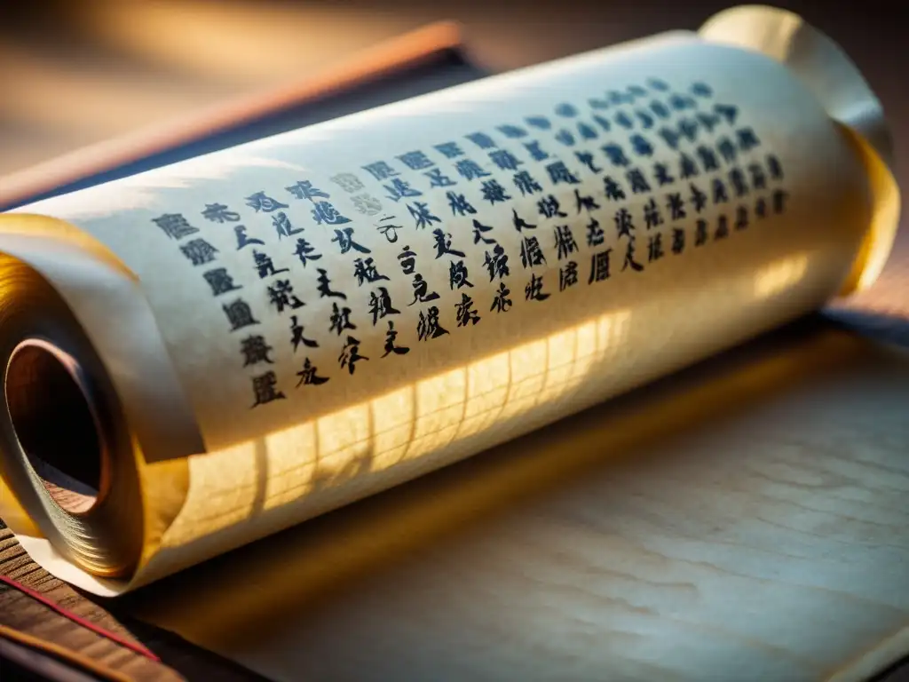 Antiguo pergamino chino con caligrafía detallada, evocando la rica historia del papel como almacenamiento de energía