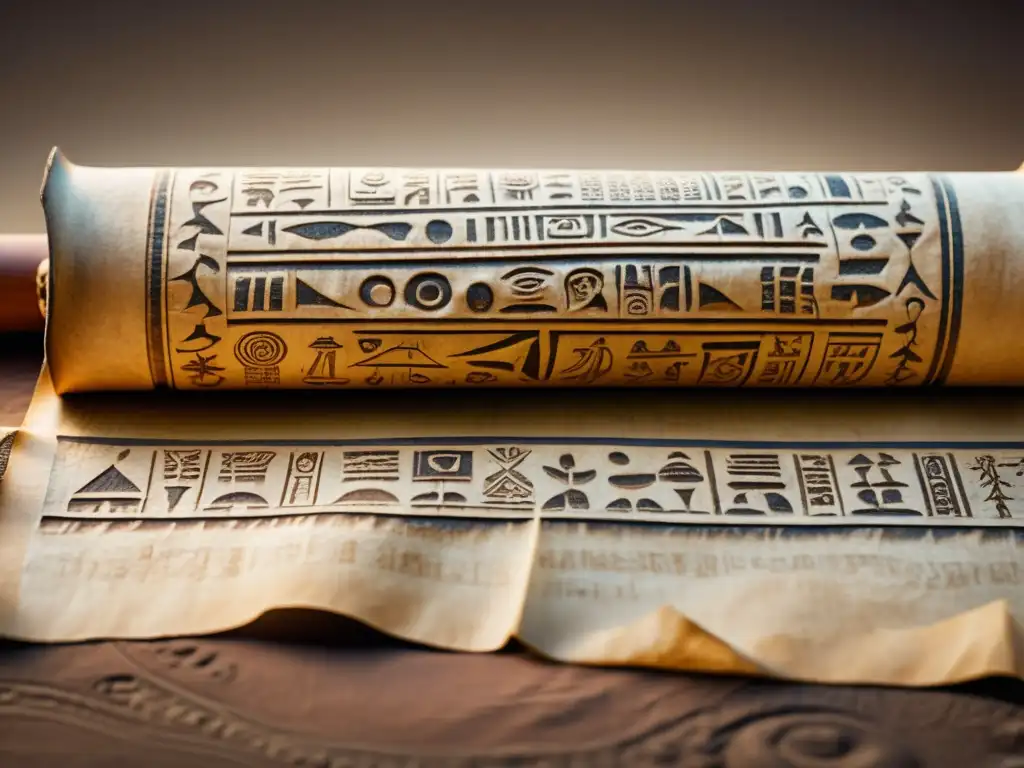 Antiguo pergamino desplegado con jeroglíficos precolombinos inexplorados, evocando misterio y descubrimiento