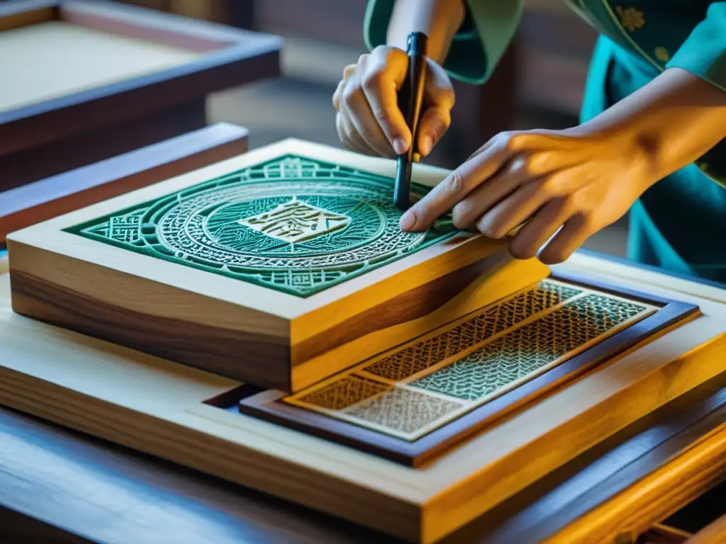 Un antiguo proceso de impresión en madera chino muestra artesanos tallando diseños y un maestro aplicando tinta para crear una impresión detallada