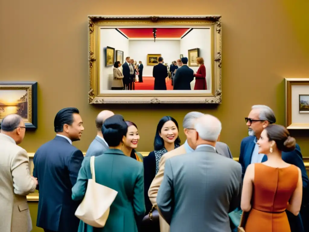 Un antiguo salón de arte rebosante de gente observando con asombro una edición limitada de arte en papel