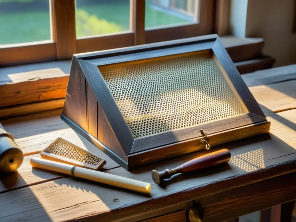 Antiguo set de fabricación de papel chino en mesa de madera, con restos de pulpa y luz solar iluminando los detalles artesanales