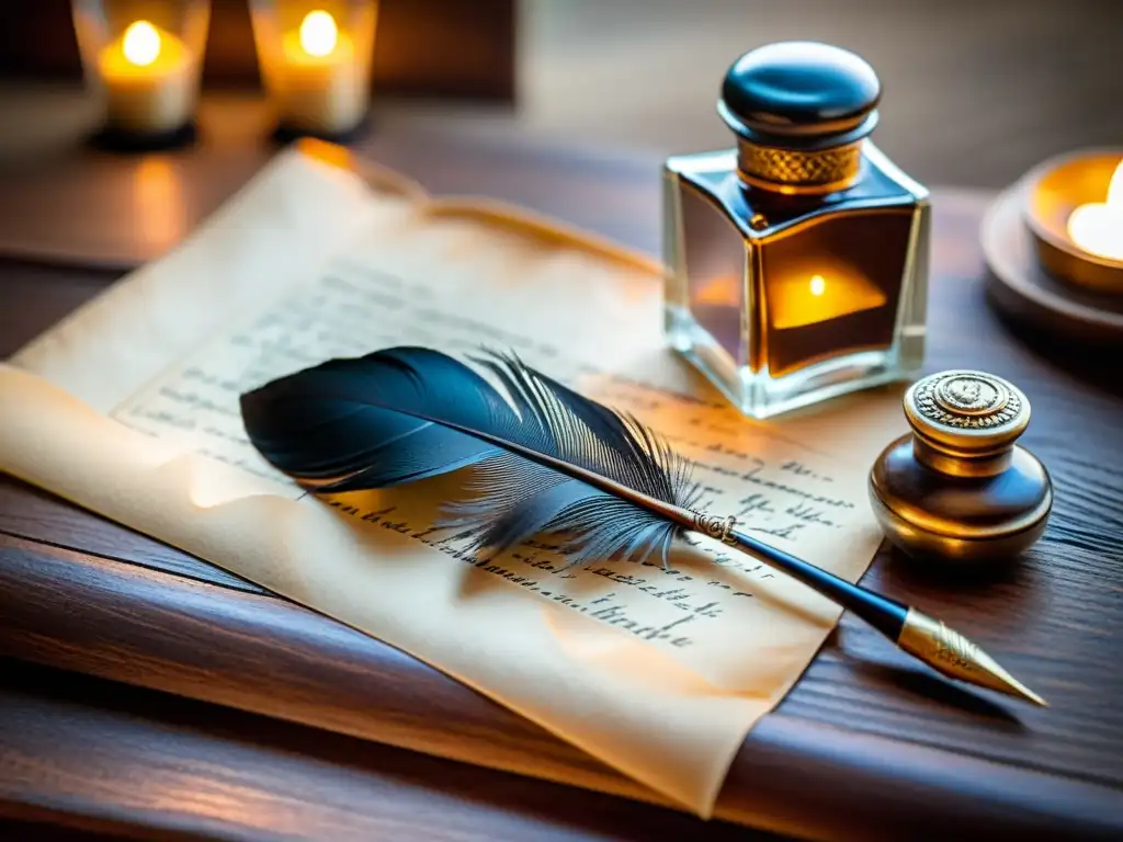 Un antiguo set de pluma y tintero descansa sobre un escritorio de madera