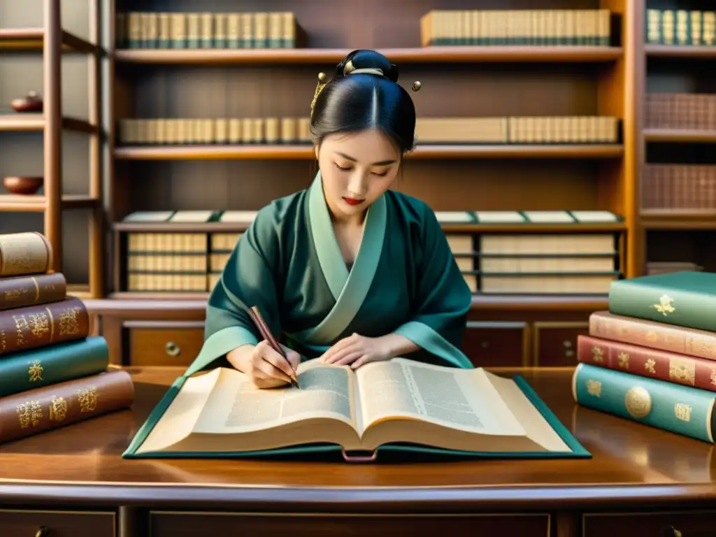 Antiguos escribas chinos crean manuscritos, rodeados de libros de artista, evocando la historia y tradición de ediciones limitadas en China