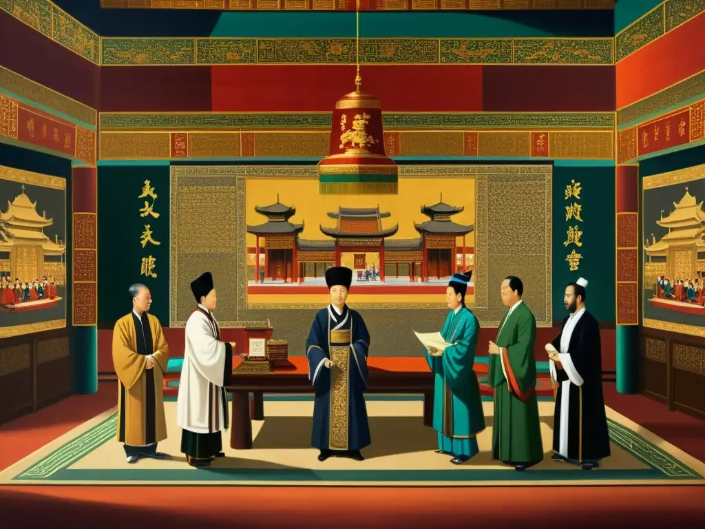 Antiguos diplomáticos asiáticos intercambian rollos en una opulenta sala decorada, reflejando su papel en la política mundial