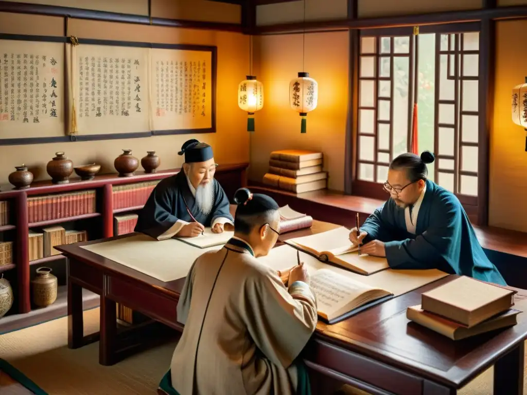 Antiguos sabios chinos escriben en pergamino en un estudio tradicional, rodeados de libros y pergaminos