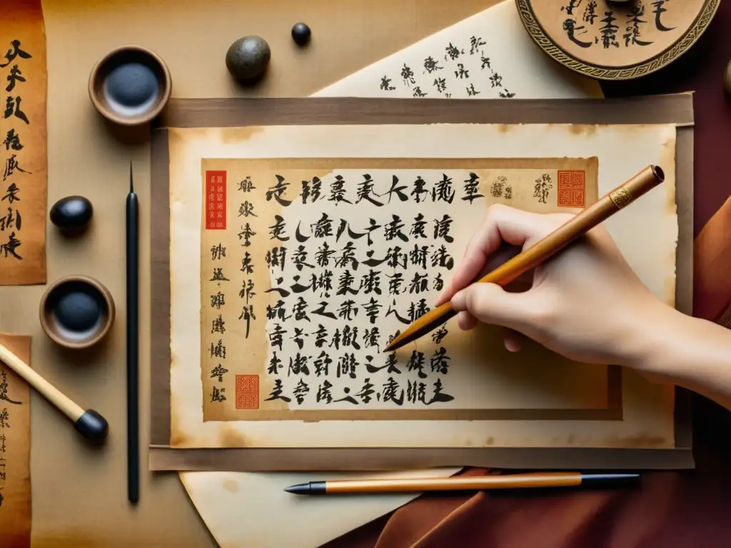 Antiguos sabios chinos escribiendo en pergamino, rodeados de elementos tradicionales