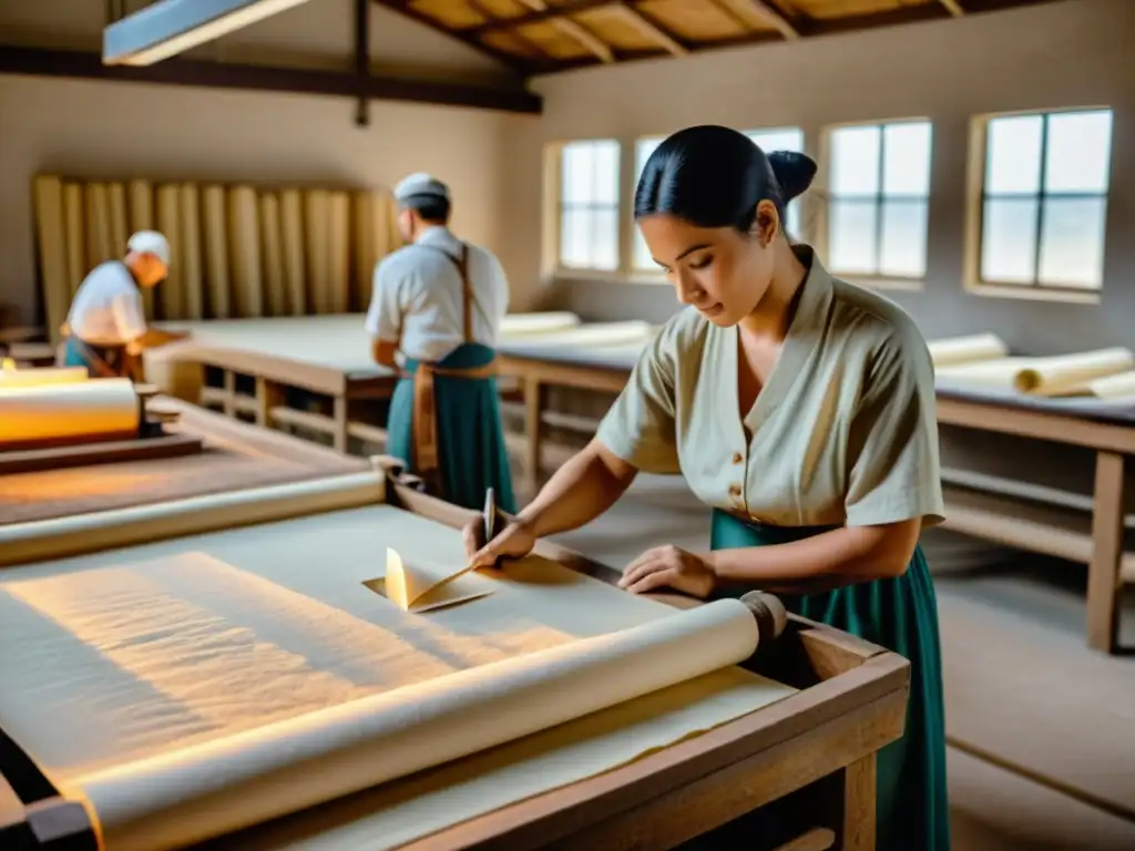 Antiguos trabajadores romanos fabricando papel con técnicas vintage, capturando la influencia en el dominio romano