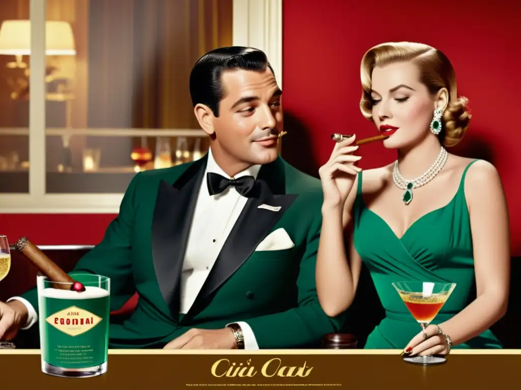 Anuncio vintage de los años 50 muestra elegante pareja en ambiente lujoso, promoviendo eficacia de la publicidad impresa