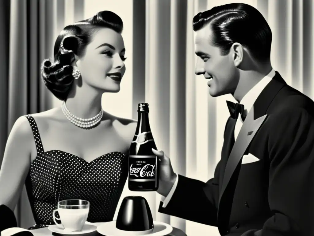 Anuncio vintage de los años 50 con una pareja elegante disfrutando de una bebida clásica, evocando la efectividad de la publicidad impresa