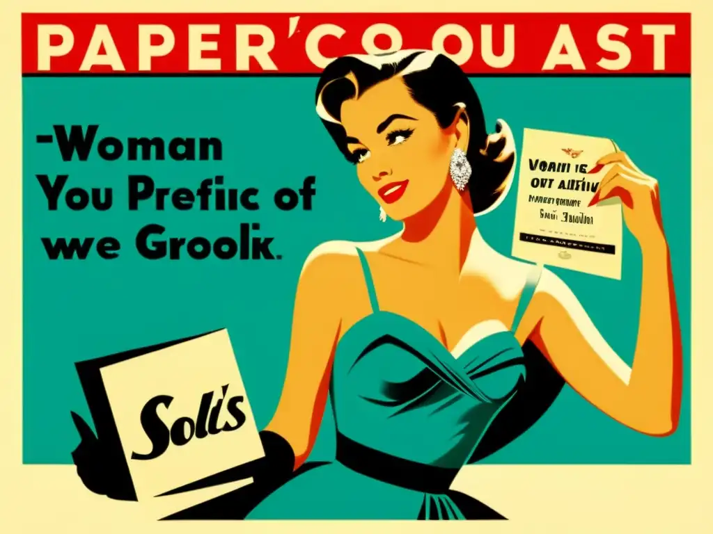 Anuncio vintage de los 50 con mujer elegante y papel sofisticado, evocando nostalgia y el impacto psicológico del papel en publicidad