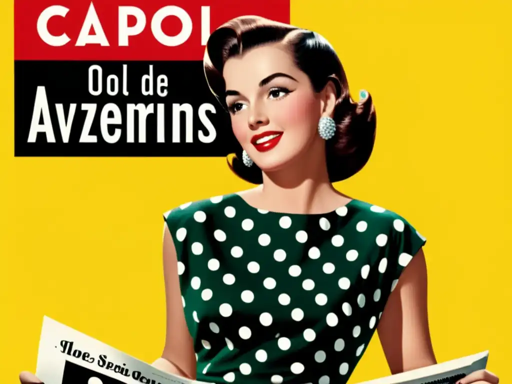 Anuncio vintage de los 50 mostrando mujer glamorosa con vestido de lunares sosteniendo revista, promoviendo efectividad de la publicidad impresa