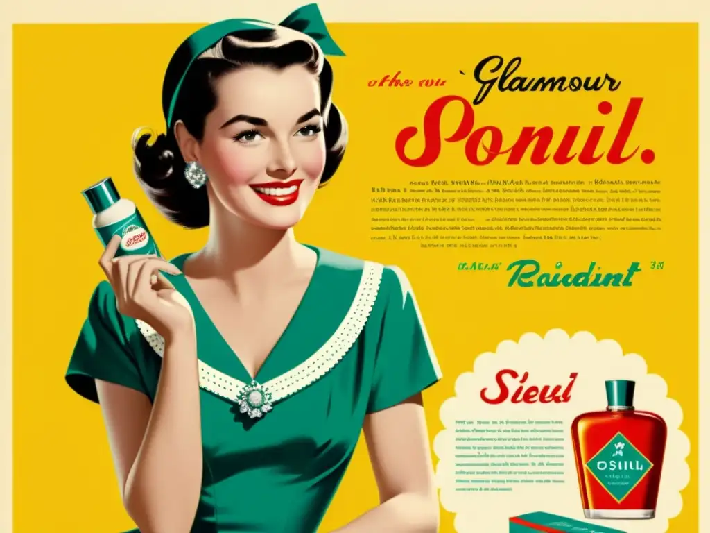 Anuncio vintage de los 50 con una mujer glamurosa sosteniendo un producto con una sonrisa radiante