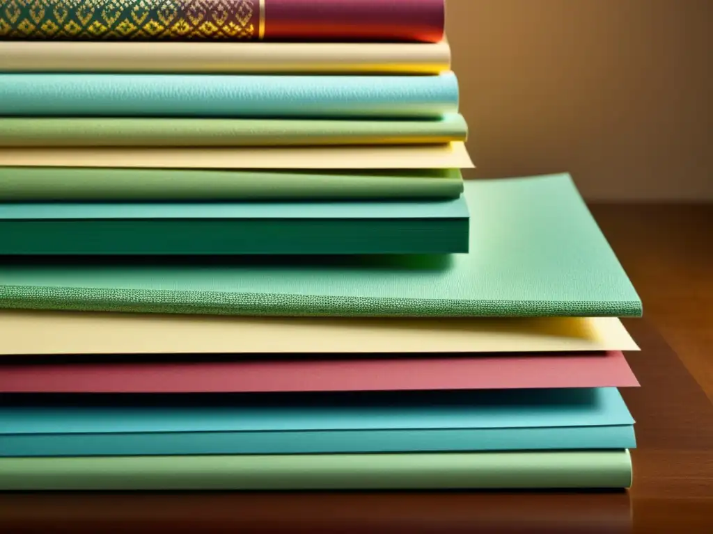 Montón de papel vintage elegantemente organizado Apilado vintage de muestras de papel con influencia psicología colores texturas papel