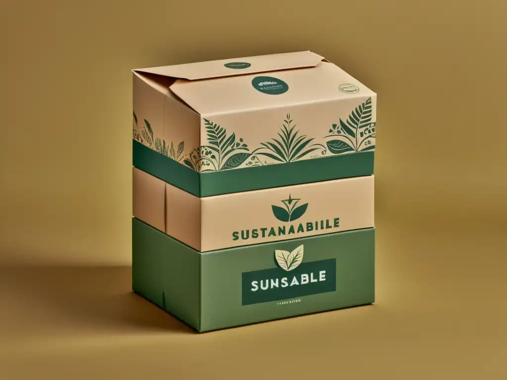 Un apilamiento de empaques de papel sostenible, con tonos terrosos y detalles intrincados, evocando nostalgia y conciencia ambiental