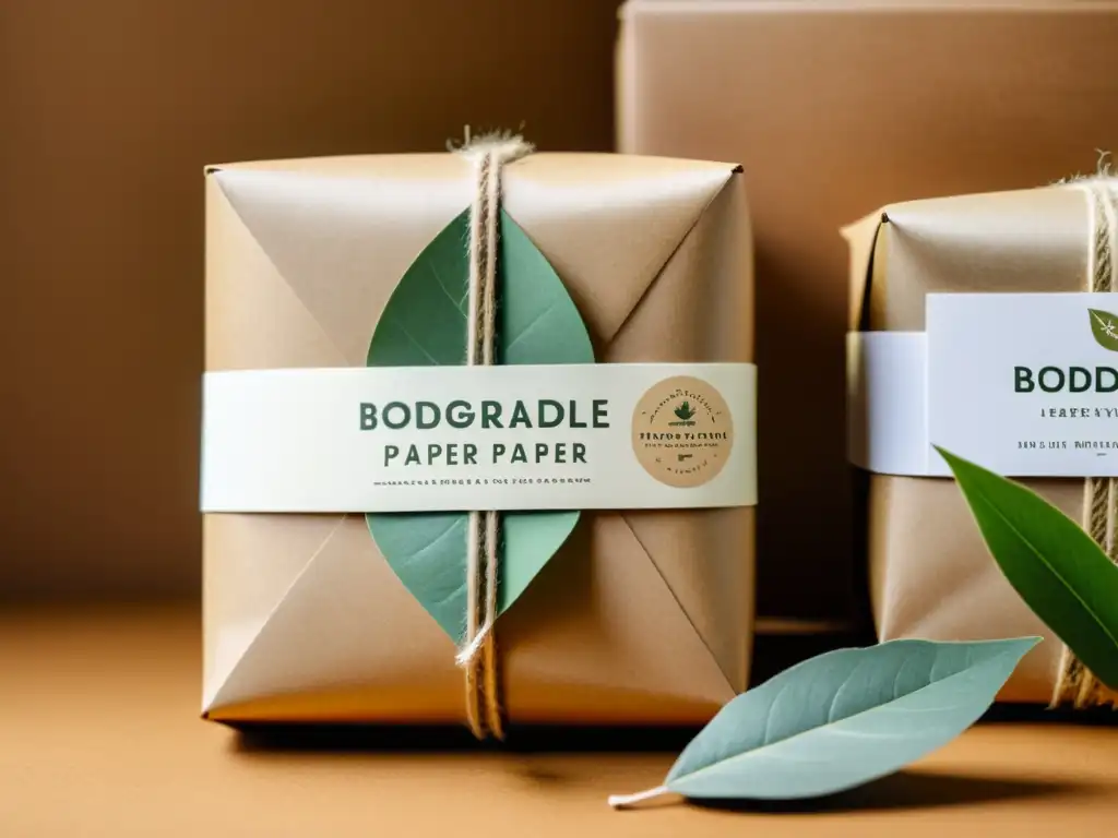 Un apilamiento vintage de envases de papel biodegradable, con diseños naturales, rodeado de elementos ecofriendly