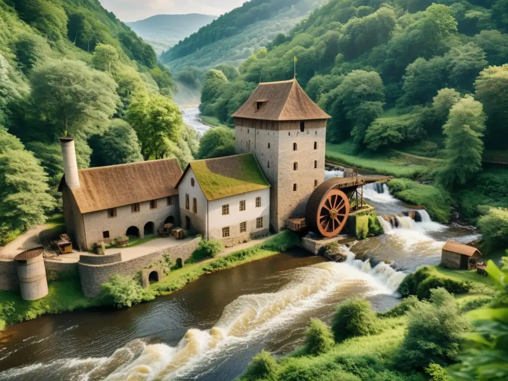 Armonía entre historia y naturaleza: antiguo molino de papel en un bosque exuberante, artesanos elaborando papel a mano junto a un sereno río