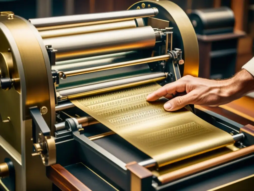 Arte en acción: Maquina de impresión manual y papel de lujo Arte en acción: una impecable prensa tipográfica vintage selecciona el mejor papel para impresiones de lujo, envuelta en un cálido resplandor