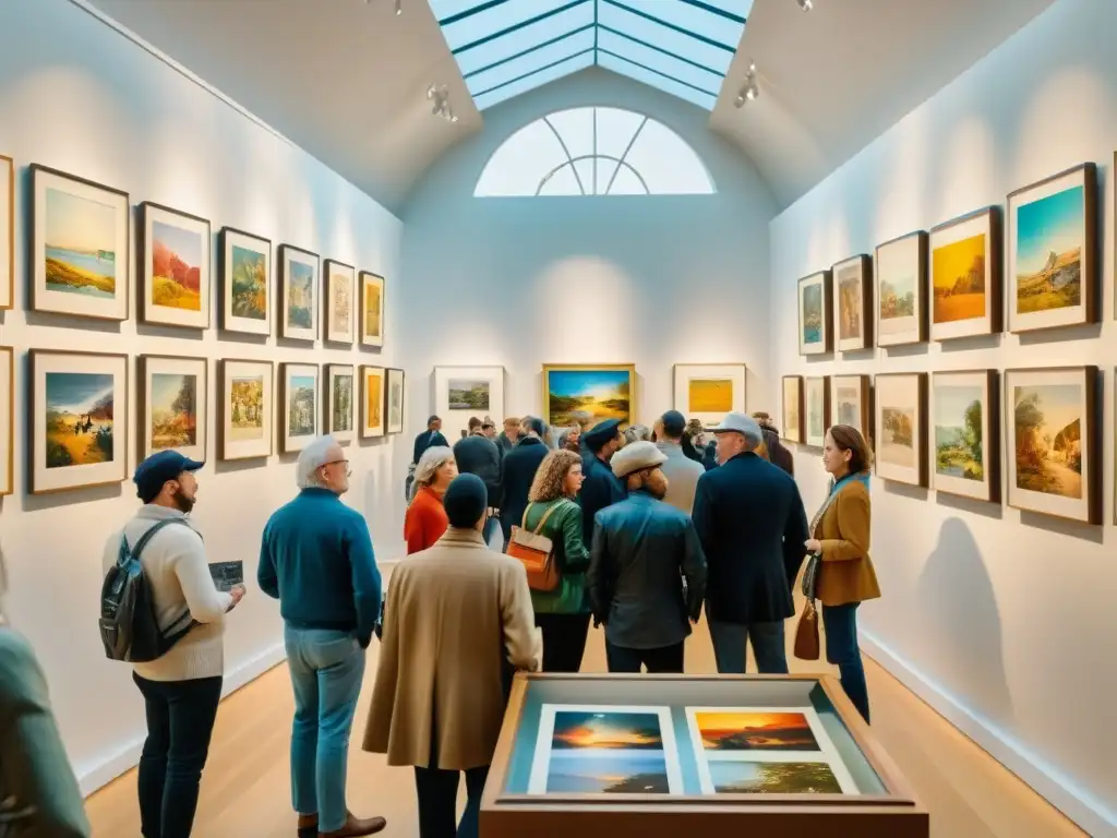 Exposición de arte con inversiones culturales en papel y ediciones limitadas, ambiente cálido y detallado