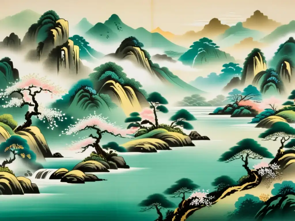 Arte en papel en China: Pintura de pergamino chino vintage con paisaje sereno de montañas, río tranquilo y delicados árboles de cerezo