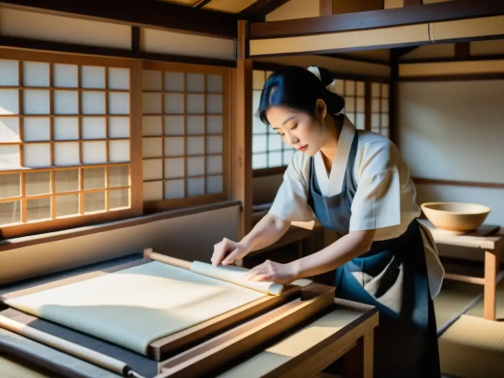 Arte del papel japonés Washi: Artesanos crean papel en un taller tradicional con herramientas vintage y luz suave