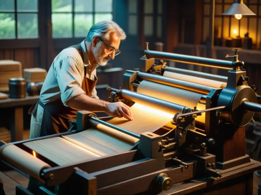 Un artesano maneja una antigua máquina de fabricación de papel en un taller atmosférico