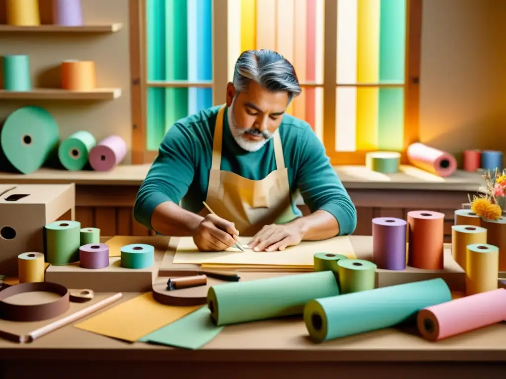 Un artesano crea arte en papel reciclado, rodeado de rollos de colores