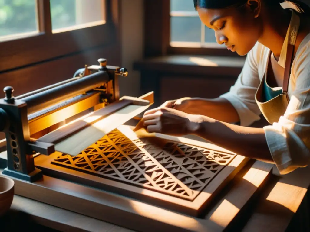 Artesano preparando bloques de madera para imprimir libros de ediciones limitadas en una imprenta vintage, evocando historia y tradición