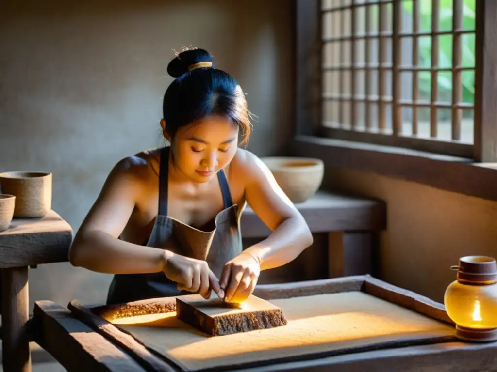 Artesano chino antiguo preparando papel a mano con cuidado en un taller iluminado por la luz cálida de una linterna