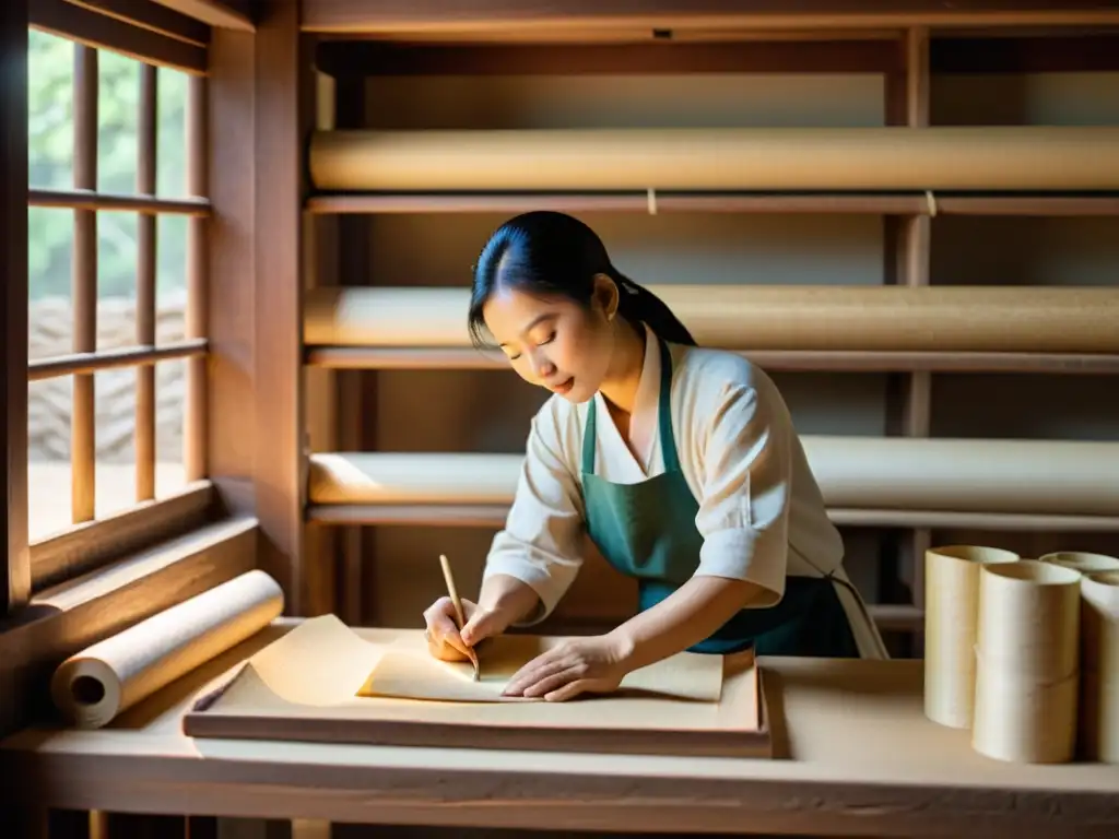 Un artesano chino antiguo elabora papel de corteza de morera con métodos tradicionales, rodeado de rollos de papel