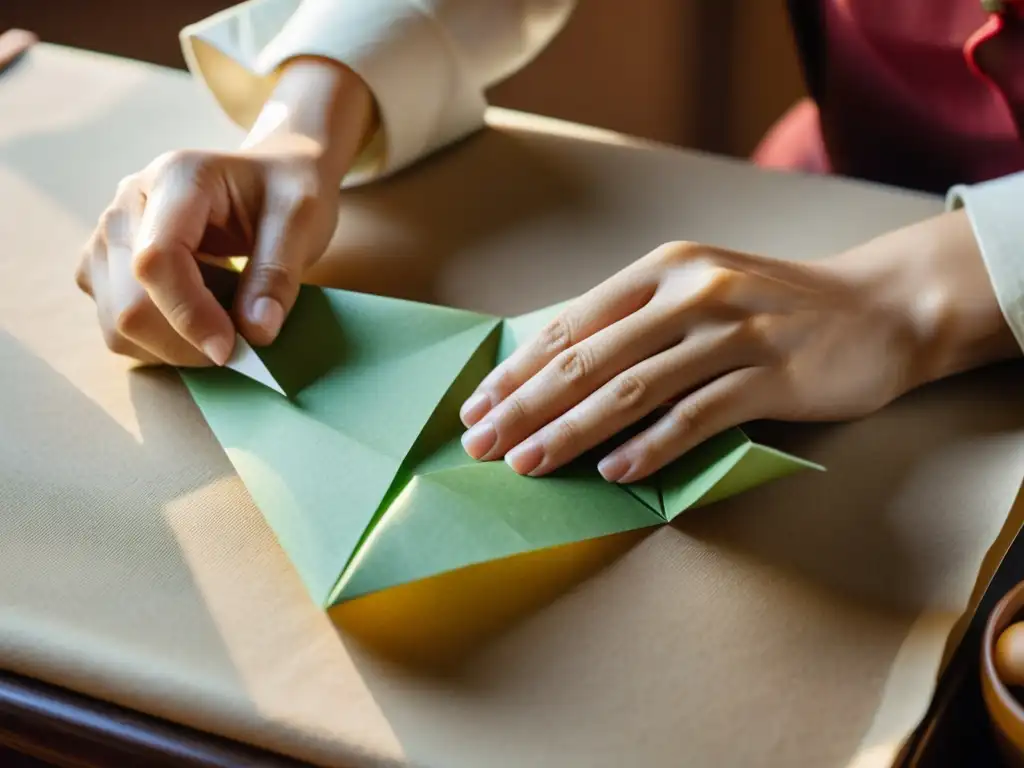 Un artesano chino antiguo dobla papel a mano en una escultura de origami, con luz cálida y detalles texturizados