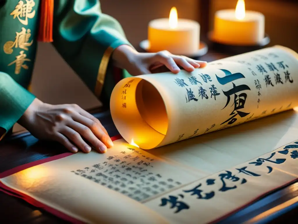 Un artesano chino con atuendo tradicional crea un antiguo pergamino con caligrafía detallada a la luz de las velas