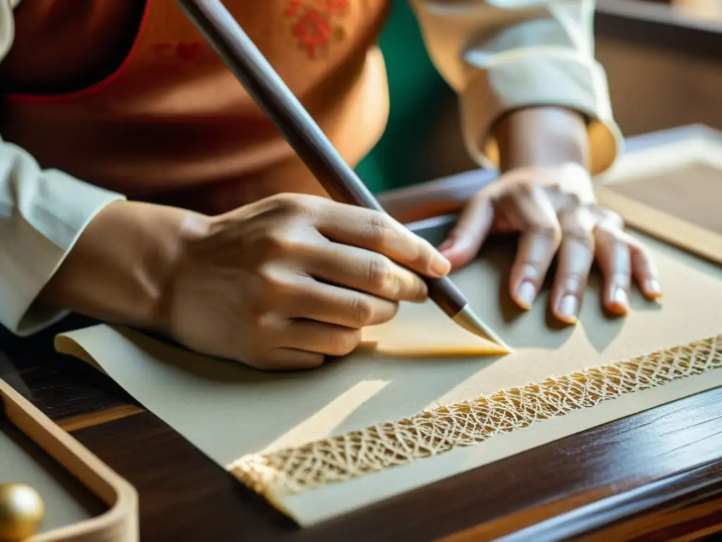 Un artesano chino en atuendo tradicional crea papel a mano con fibras naturales, evocando la antigua fabricación de papel en China