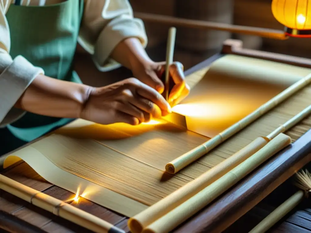 Un artesano chino experto en técnicas antiguas fabrica papel de bambú con meticulosidad, iluminado por la suave luz de una linterna