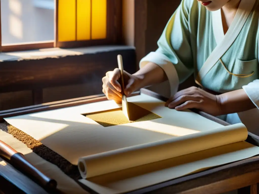 Un artesano chino milenario crea con meticulosidad hojas de papel de morera, con luz dorada sobre herramientas tradicionales