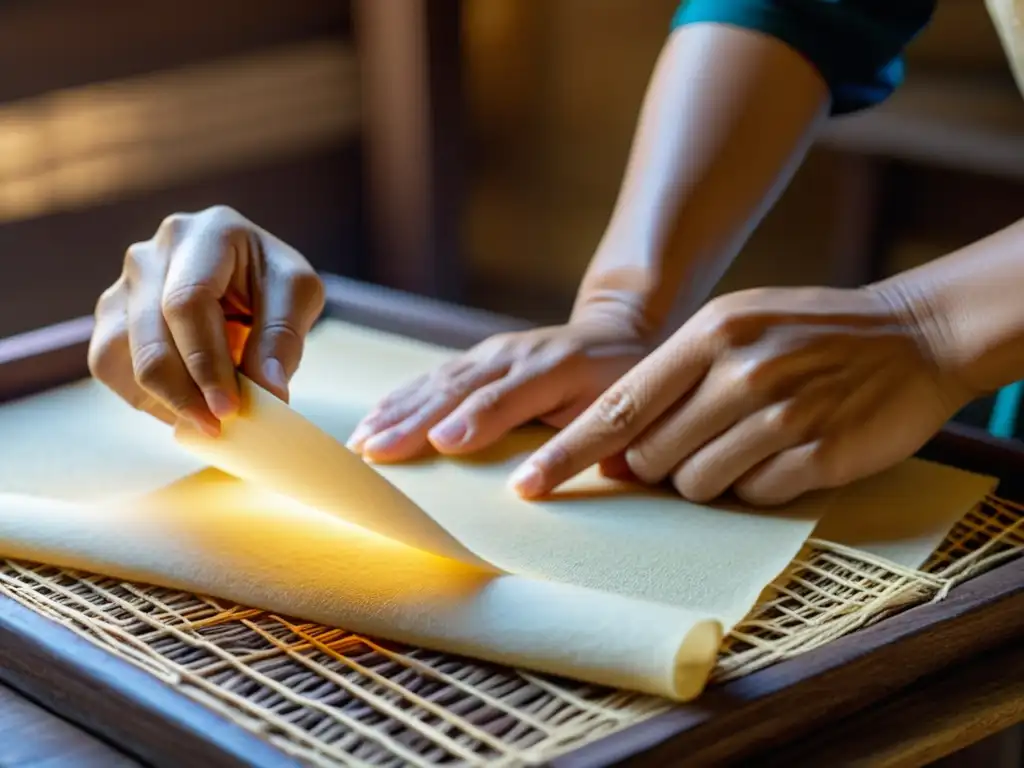 Un artesano chino milenario crea papel de morera con métodos tradicionales bajo la cálida luz de una linterna