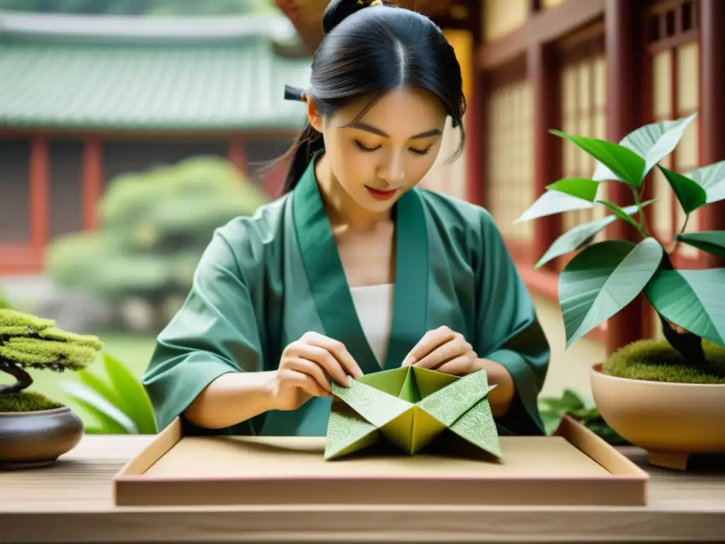 Artesano chino doblando papel en origami con arquitectura y jardines tradicionales al fondo, evocando el origen del papel en China