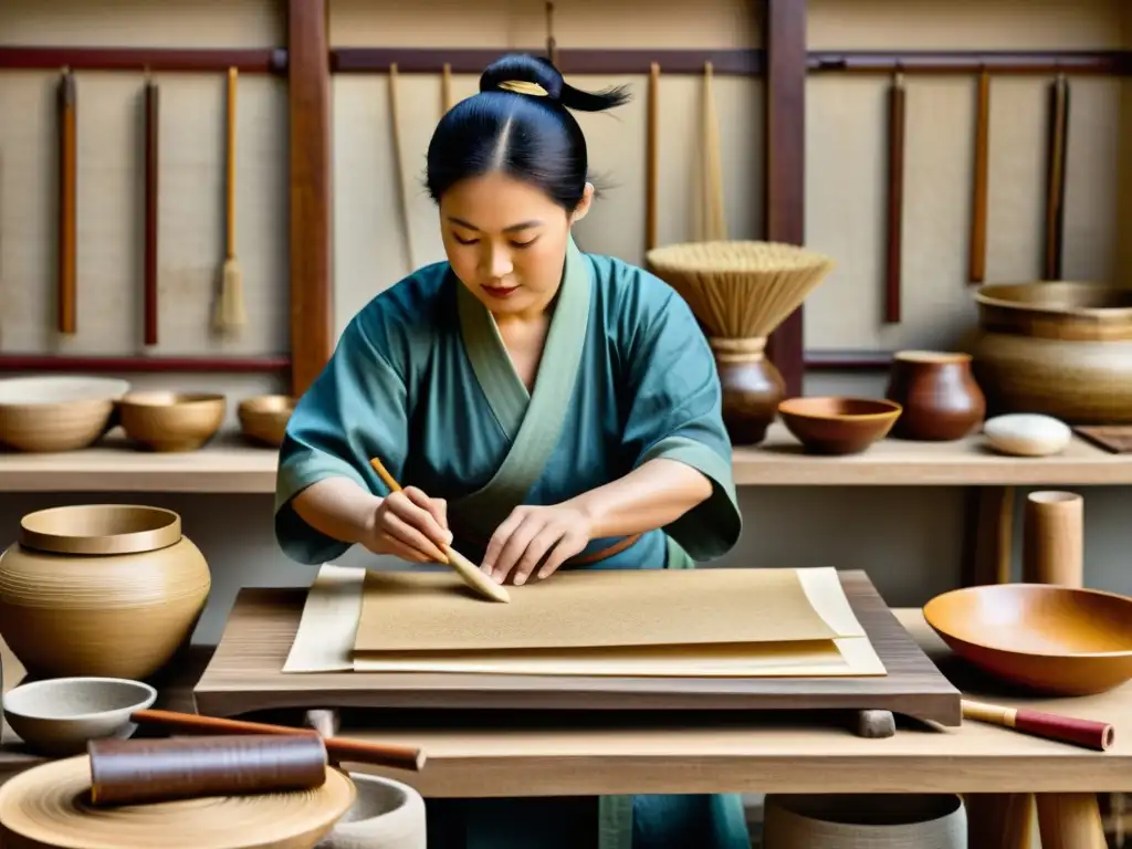 Un artesano chino elabora papel de morera meticulosamente, evocando la artesanía y la herencia cultural