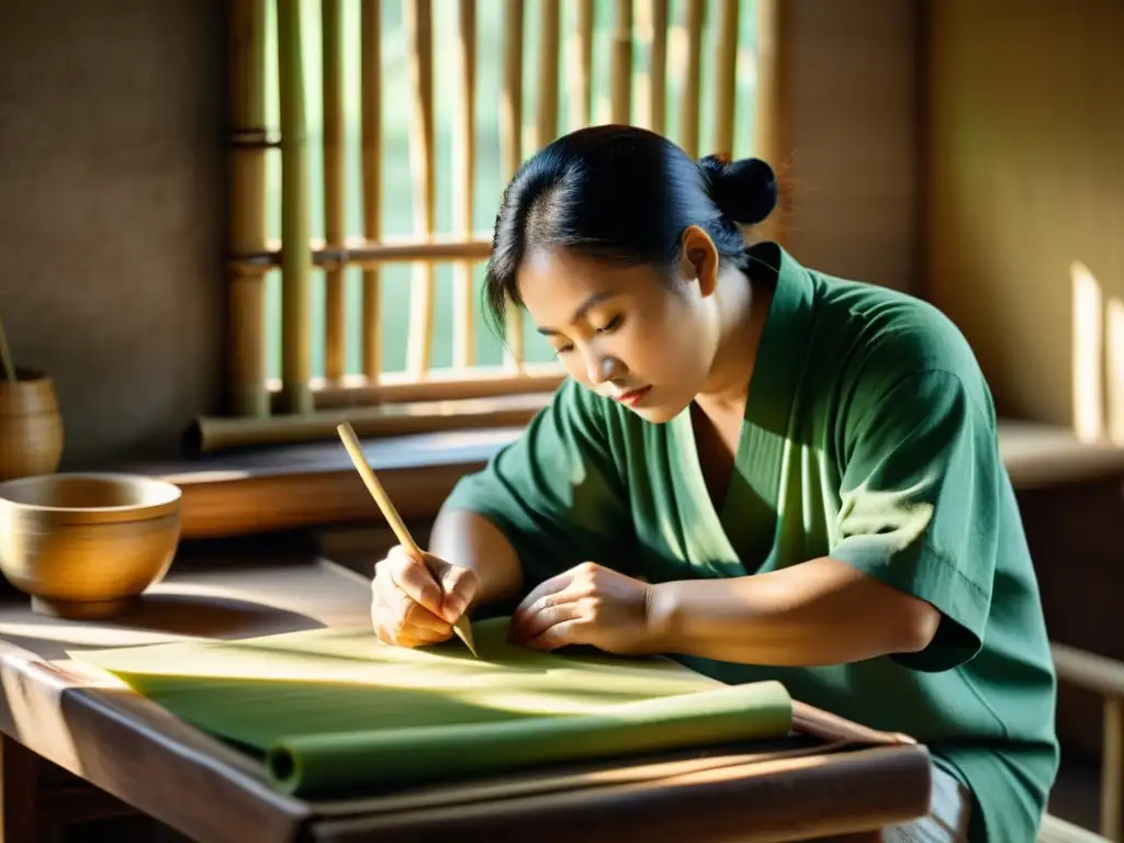 Un artesano chino fabrica papel de bambú con técnicas antiguas, iluminado por luz solar suave