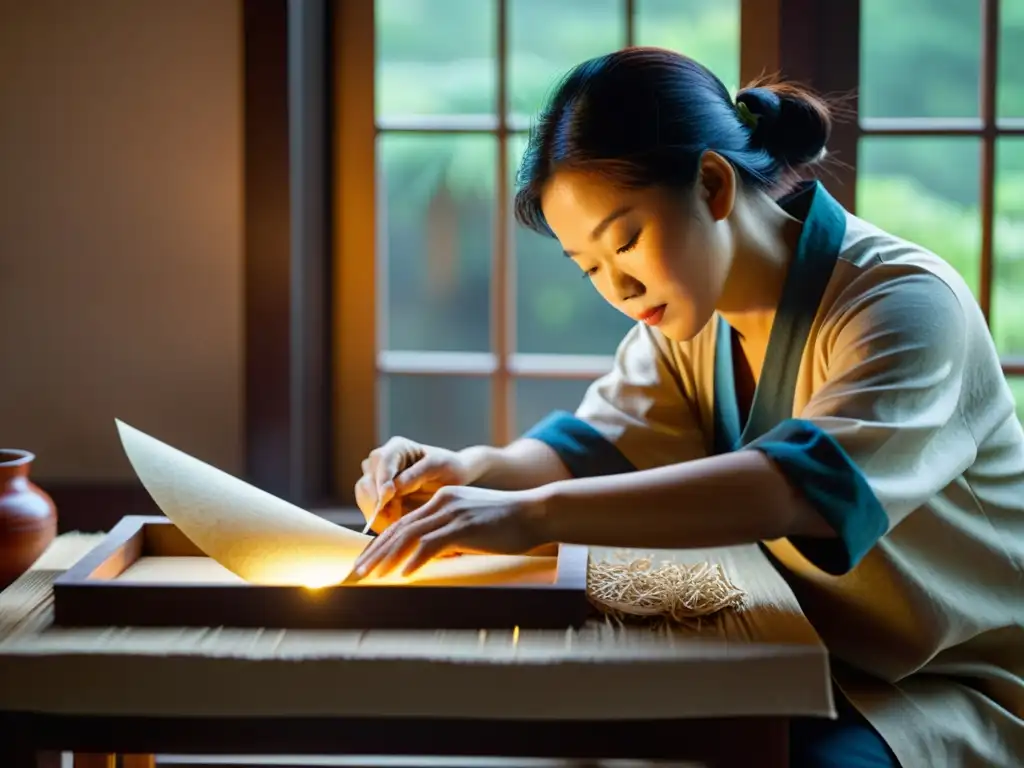 Un artesano chino crea papel de corteza de morera con luz matutina