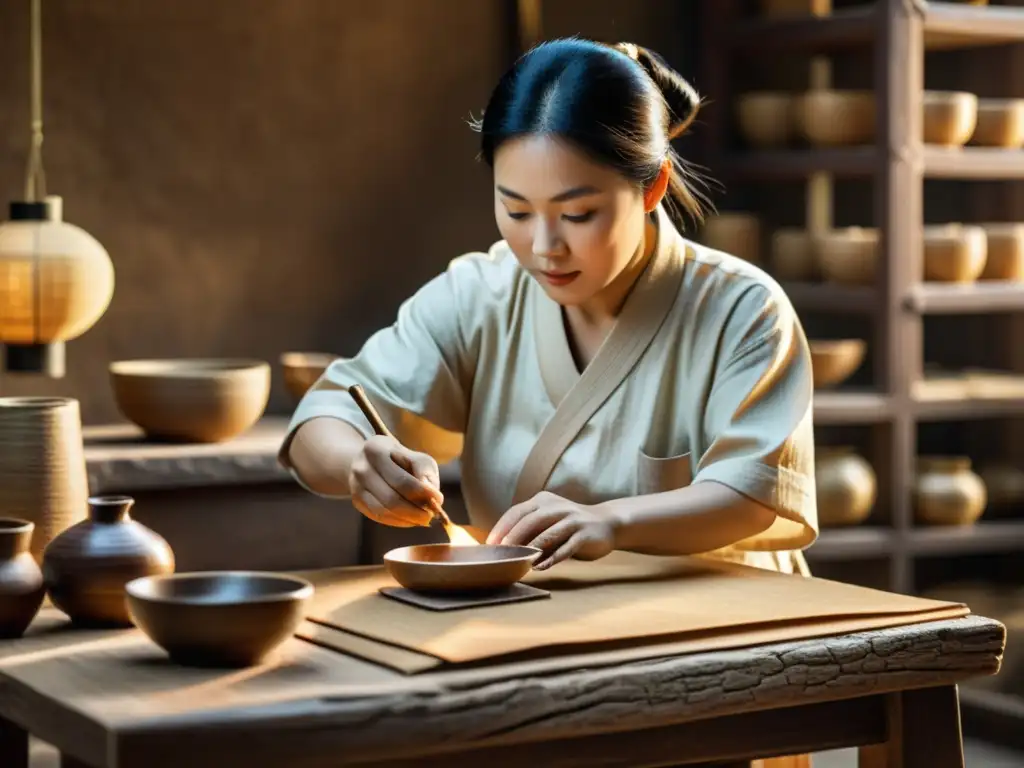 Artesano chino elaborando papel de morera con herramientas tradicionales